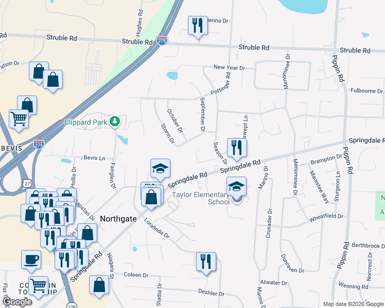map of restaurants, bars, coffee shops, grocery stores, and more near 10062 Windswept Lane in Cincinnati