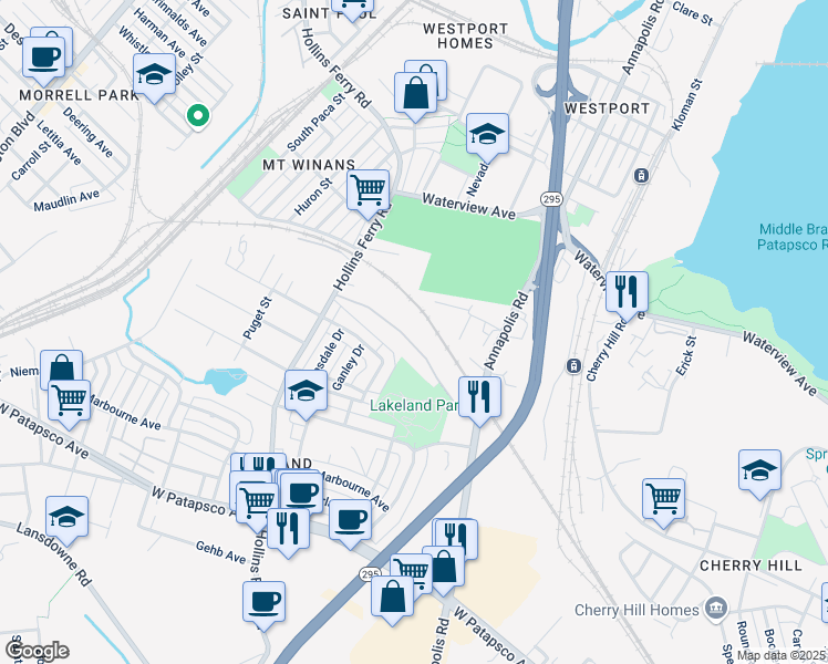 map of restaurants, bars, coffee shops, grocery stores, and more near 2657 Merchant Drive in Baltimore