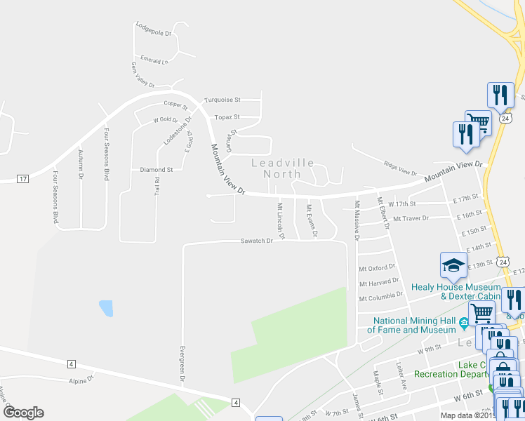 map of restaurants, bars, coffee shops, grocery stores, and more near 910 Mountain View Drive in Leadville