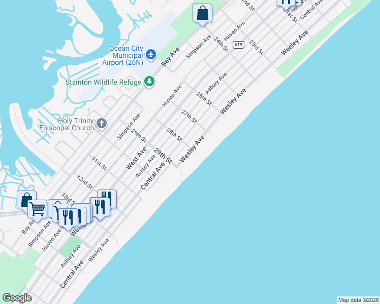 map of restaurants, bars, coffee shops, grocery stores, and more near 2822 Wesley Avenue in Ocean City