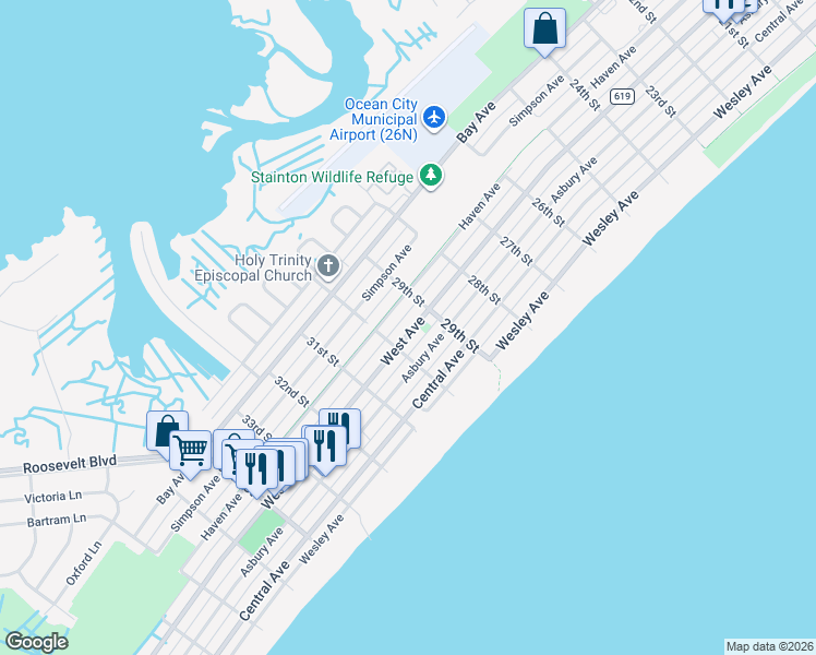 map of restaurants, bars, coffee shops, grocery stores, and more near in Ocean City
