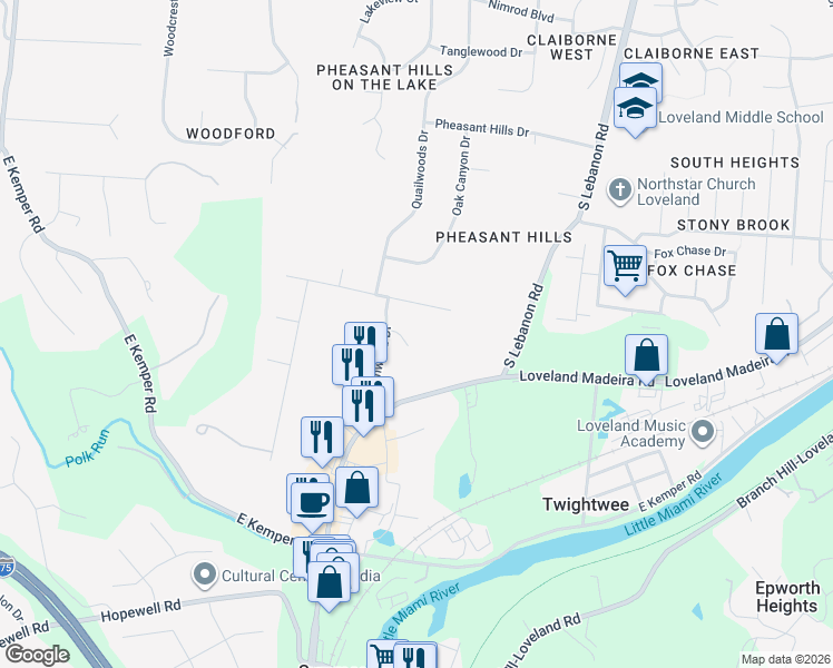 map of restaurants, bars, coffee shops, grocery stores, and more near 200 Wildwood Court in Loveland