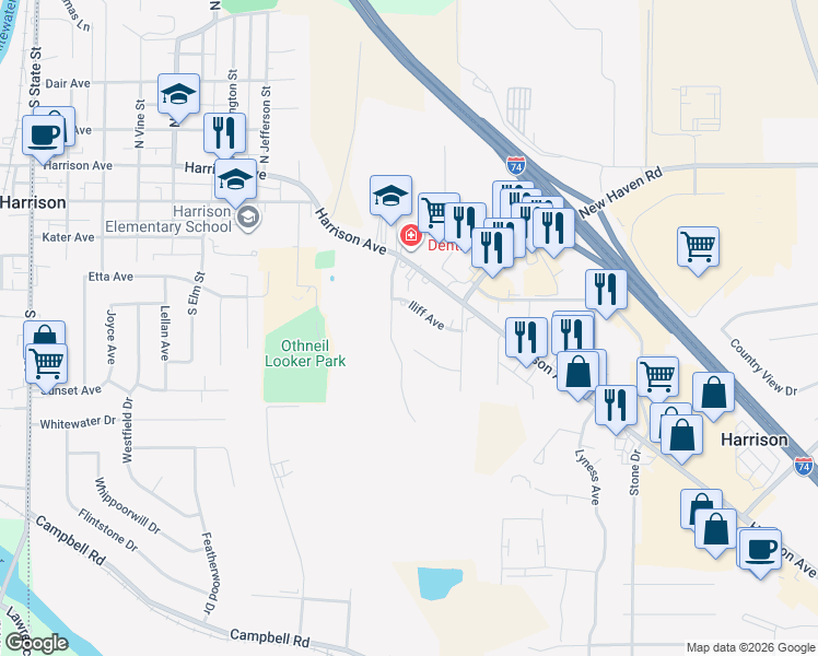 map of restaurants, bars, coffee shops, grocery stores, and more near 215 Elbern Avenue in Harrison