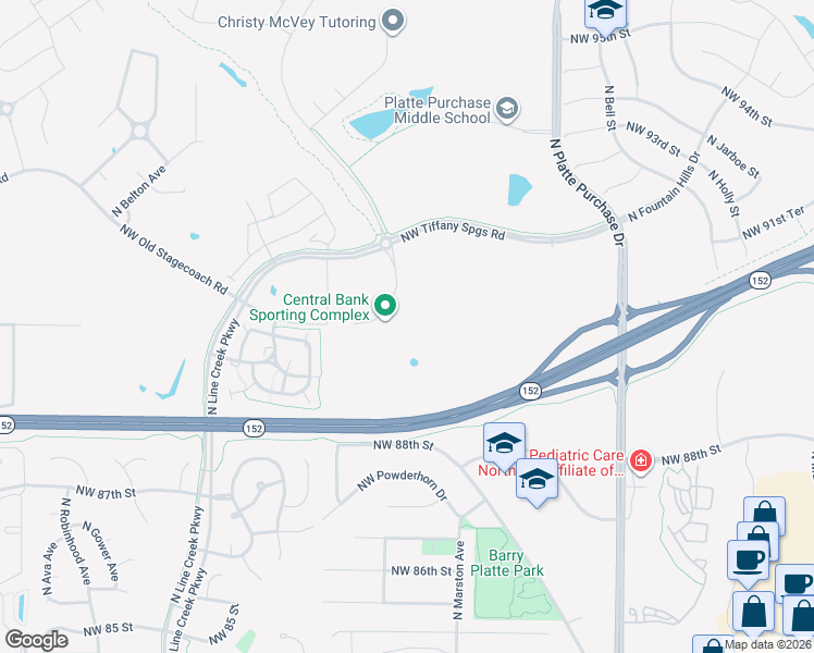 map of restaurants, bars, coffee shops, grocery stores, and more near Missouri 152 in Kansas City