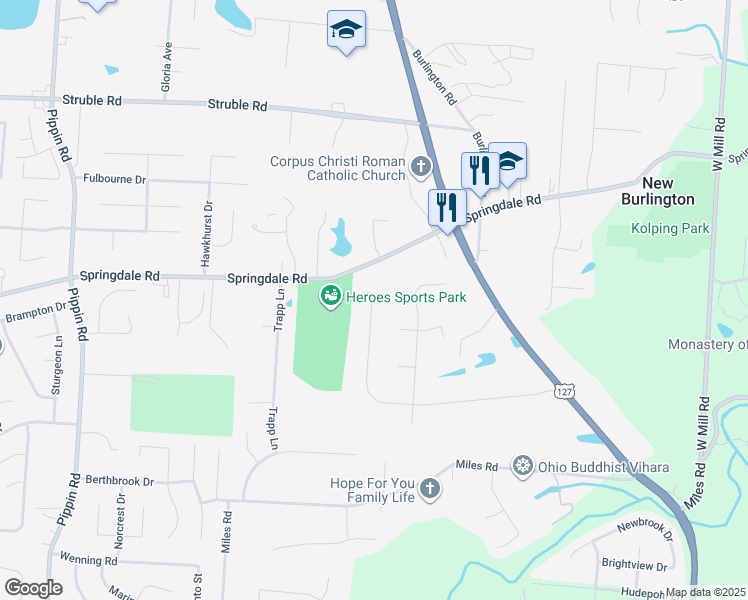 map of restaurants, bars, coffee shops, grocery stores, and more near 2129 Greenpine Drive in Cincinnati