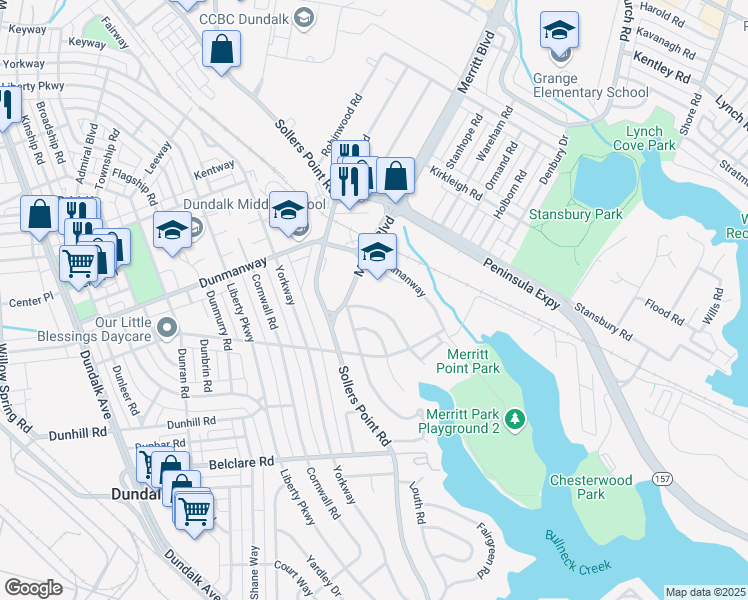 map of restaurants, bars, coffee shops, grocery stores, and more near 7601 Dunmanway in Dundalk