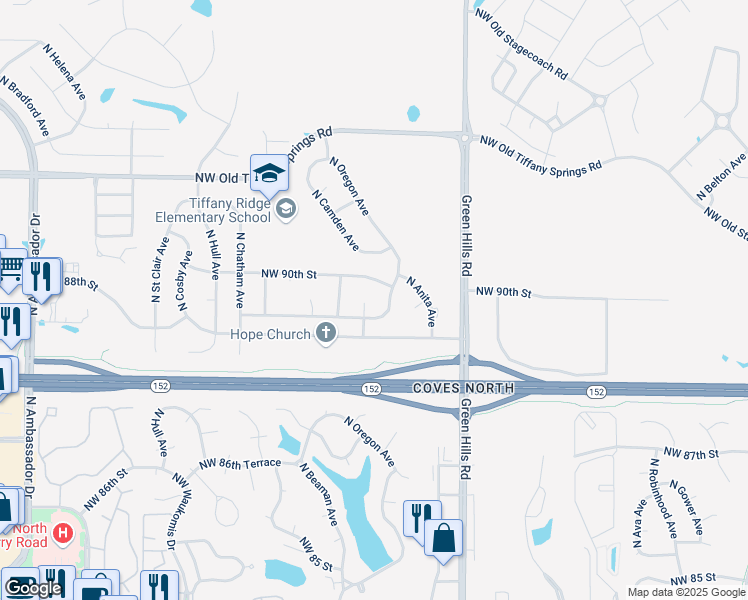 map of restaurants, bars, coffee shops, grocery stores, and more near 4706 Northwest 88th Terrace in Kansas City
