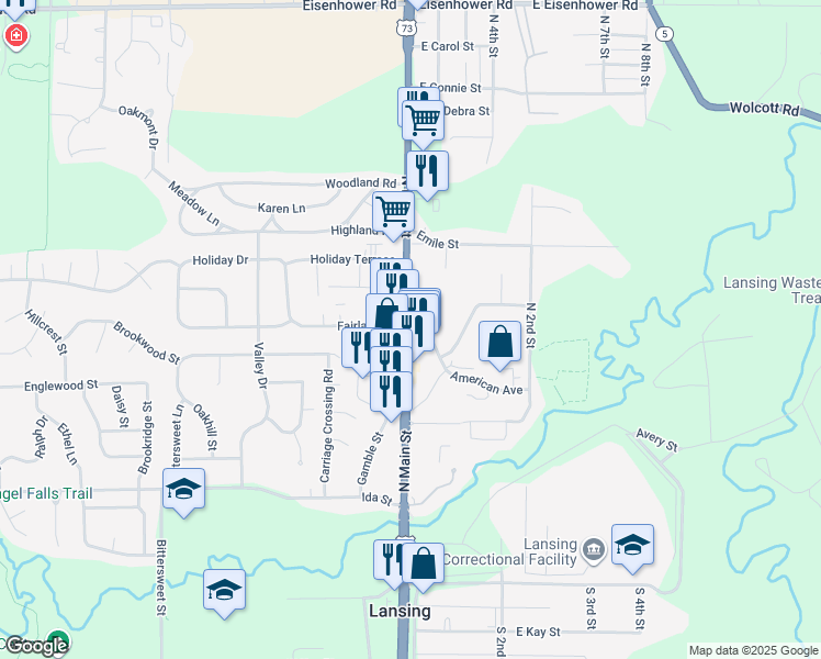 map of restaurants, bars, coffee shops, grocery stores, and more near 403 North Main Street in Lansing