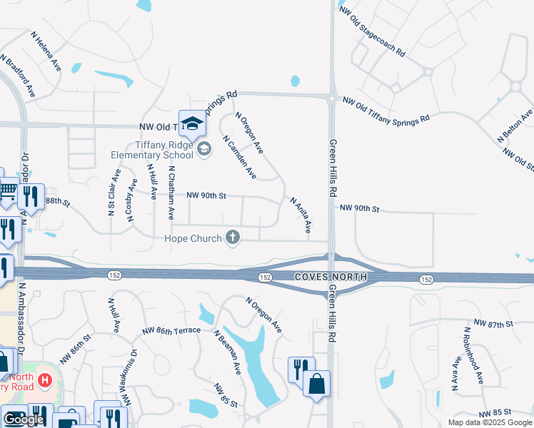map of restaurants, bars, coffee shops, grocery stores, and more near 4706 Northwest 88th Terrace in Kansas City