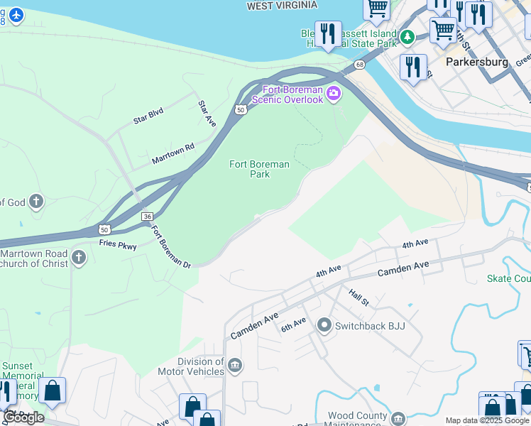 map of restaurants, bars, coffee shops, grocery stores, and more near Fort Boreman Drive in Parkersburg