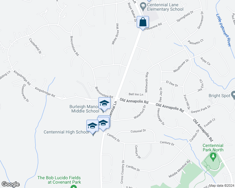 map of restaurants, bars, coffee shops, grocery stores, and more near Centennial Lane in Ellicott City