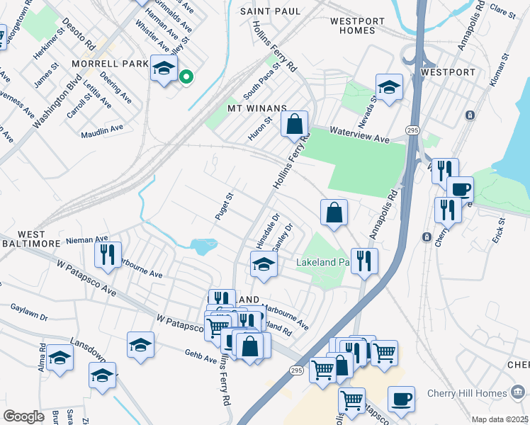 map of restaurants, bars, coffee shops, grocery stores, and more near 2809 Hollins Ferry Road in Baltimore