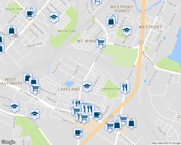 map of restaurants, bars, coffee shops, grocery stores, and more near 2809 Hollins Ferry Road in Baltimore