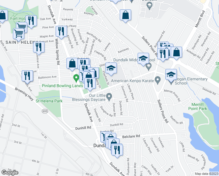 map of restaurants, bars, coffee shops, grocery stores, and more near 2902 Dunran Road in Dundalk