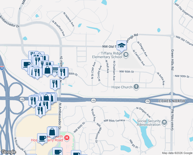 map of restaurants, bars, coffee shops, grocery stores, and more near 5710 Northwest 88th Street in Kansas City
