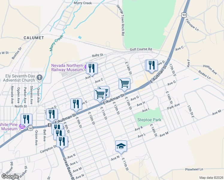 map of restaurants, bars, coffee shops, grocery stores, and more near 1225 Avenue H in Ely
