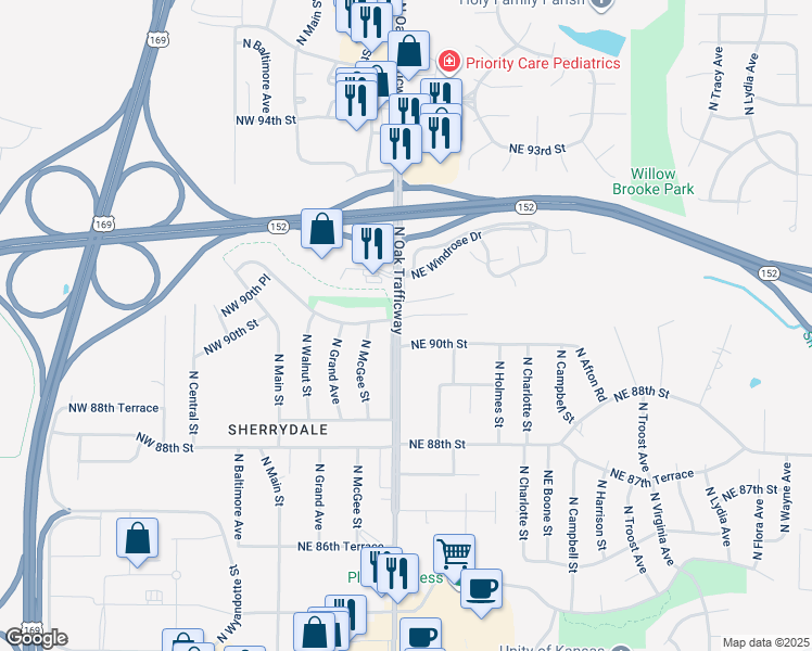 map of restaurants, bars, coffee shops, grocery stores, and more near 415 Northeast 90th Terrace in Kansas City