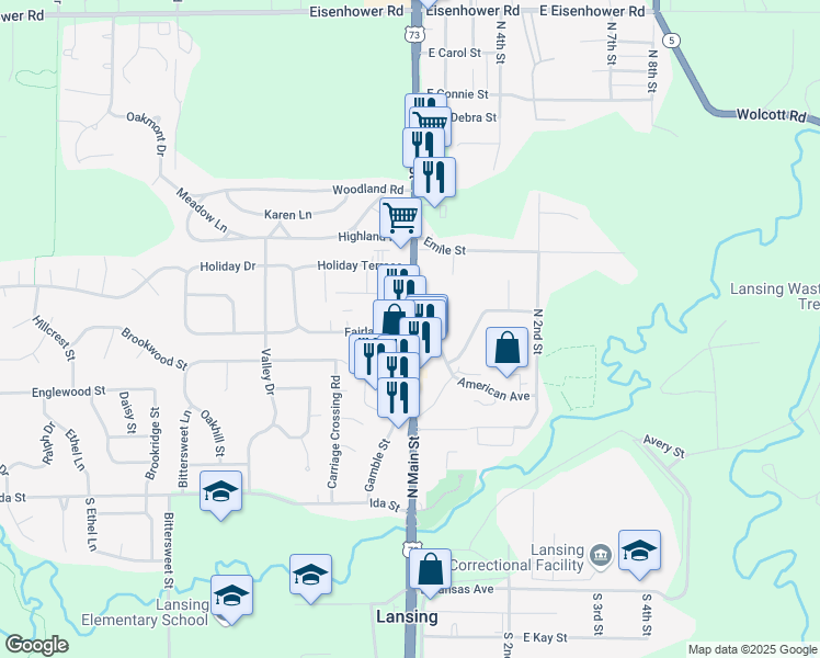 map of restaurants, bars, coffee shops, grocery stores, and more near 555 North Main Street in Lansing