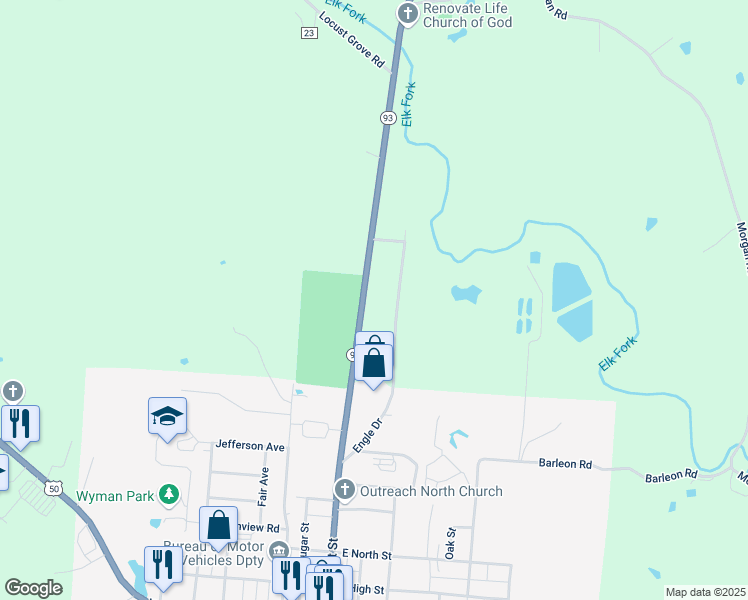 map of restaurants, bars, coffee shops, grocery stores, and more near 32121 Ohio 93 in McArthur