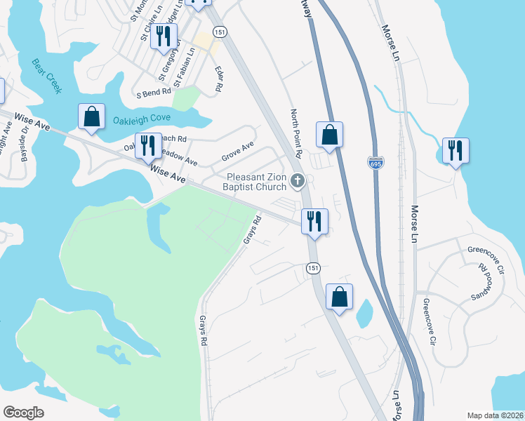 map of restaurants, bars, coffee shops, grocery stores, and more near 2000 Grays Road in Dundalk