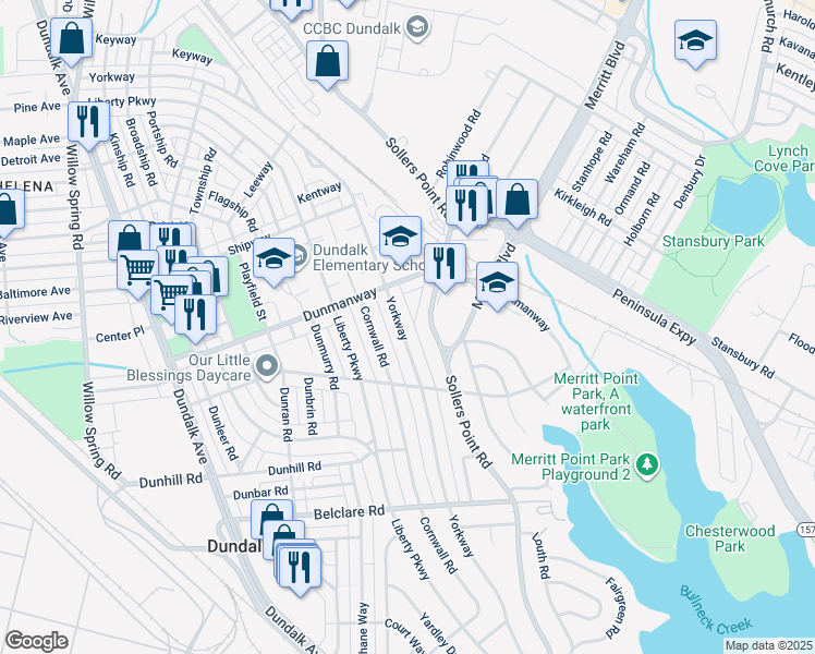 map of restaurants, bars, coffee shops, grocery stores, and more near 2941 Yorkway in Dundalk
