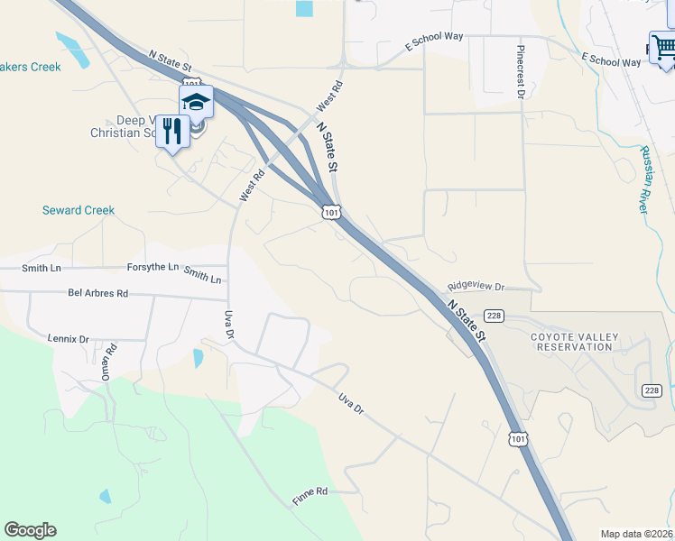 map of restaurants, bars, coffee shops, grocery stores, and more near 7950 Oak Pond Court in Redwood Valley