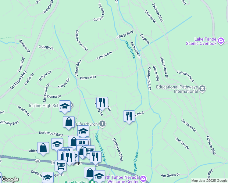 map of restaurants, bars, coffee shops, grocery stores, and more near 934 Fairway Park Drive in Incline Village