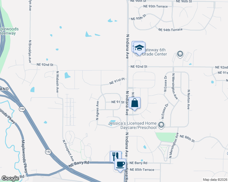 map of restaurants, bars, coffee shops, grocery stores, and more near 9124 North Walrond Avenue in Kansas City