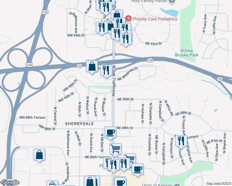 map of restaurants, bars, coffee shops, grocery stores, and more near 415 Northeast 90th Terrace in Kansas City