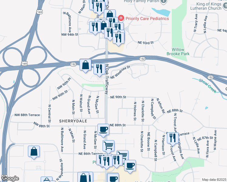map of restaurants, bars, coffee shops, grocery stores, and more near 415 Northeast 90th Terrace in Kansas City