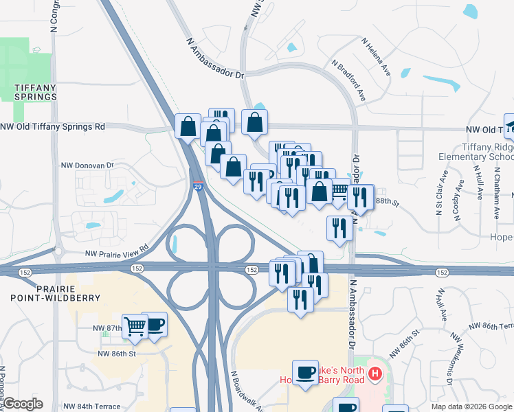 map of restaurants, bars, coffee shops, grocery stores, and more near 9040 North Skyview Avenue in Kansas City