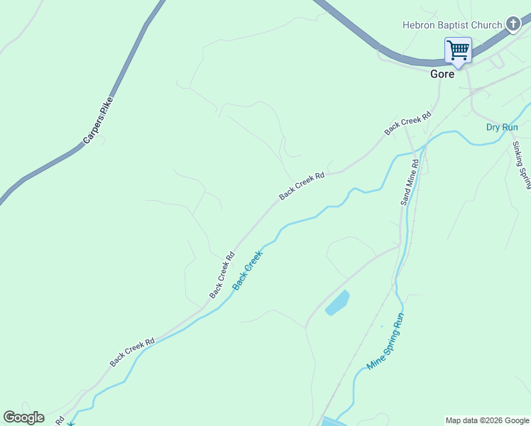 map of restaurants, bars, coffee shops, grocery stores, and more near 456 Back Creek Road in Gore