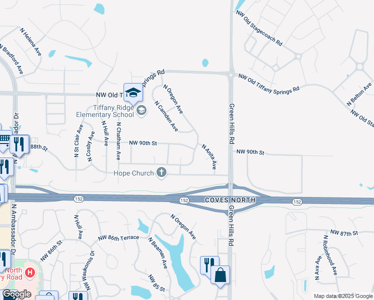 map of restaurants, bars, coffee shops, grocery stores, and more near 4712 Northwest 90th Street in Kansas City