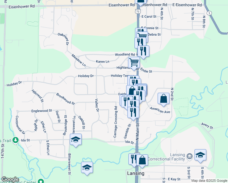 map of restaurants, bars, coffee shops, grocery stores, and more near 595 Glen Court in Lansing