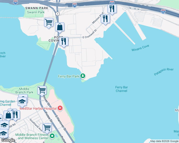map of restaurants, bars, coffee shops, grocery stores, and more near 2701 Port Covington Drive in Baltimore