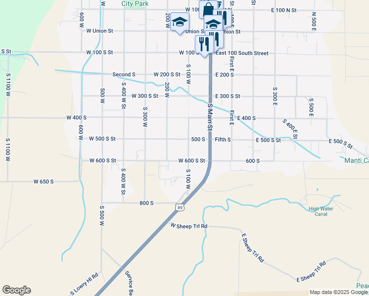 map of restaurants, bars, coffee shops, grocery stores, and more near 540 South 100 West in Manti