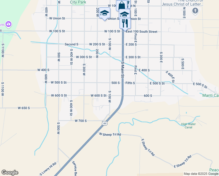 map of restaurants, bars, coffee shops, grocery stores, and more near 540 South 100 West in Manti