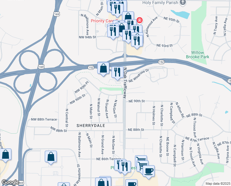 map of restaurants, bars, coffee shops, grocery stores, and more near 306 Northeast 90th Terrace in Kansas City