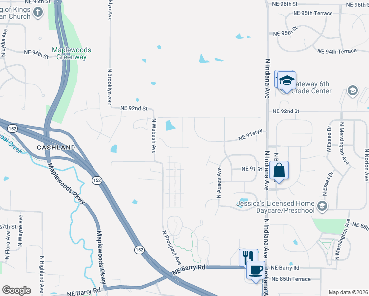 map of restaurants, bars, coffee shops, grocery stores, and more near 9035 North Wabash Avenue in Kansas City