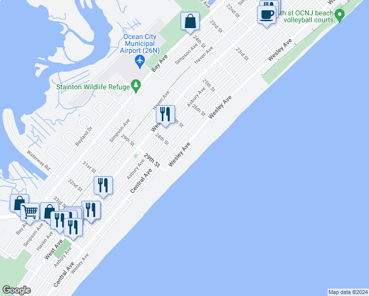 map of restaurants, bars, coffee shops, grocery stores, and more near 2731 Wesley Avenue in Ocean City