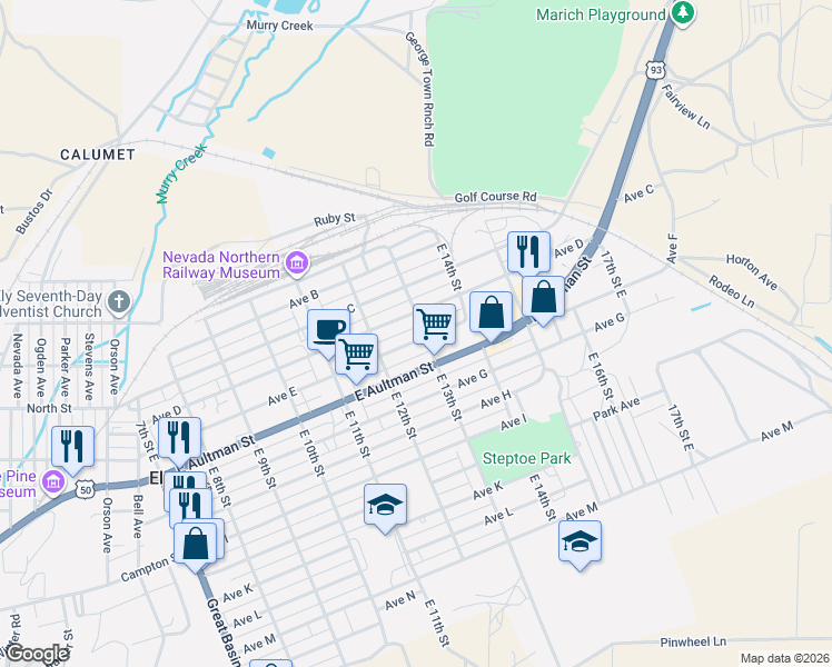 map of restaurants, bars, coffee shops, grocery stores, and more near 1310 Avenue D in Ely