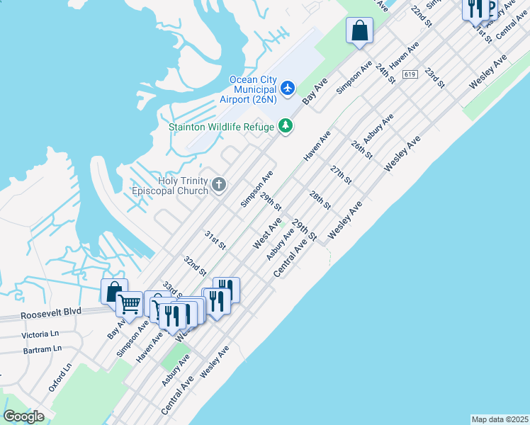 map of restaurants, bars, coffee shops, grocery stores, and more near 2912 Haven Avenue in Ocean City
