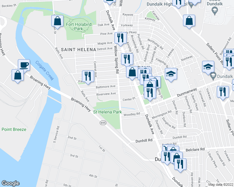map of restaurants, bars, coffee shops, grocery stores, and more near 207 Riverview Avenue in Dundalk