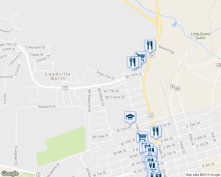 map of restaurants, bars, coffee shops, grocery stores, and more near 125 Mount Homestake Drive in Leadville