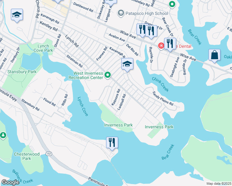 map of restaurants, bars, coffee shops, grocery stores, and more near 2028 Kelmore Road in Dundalk