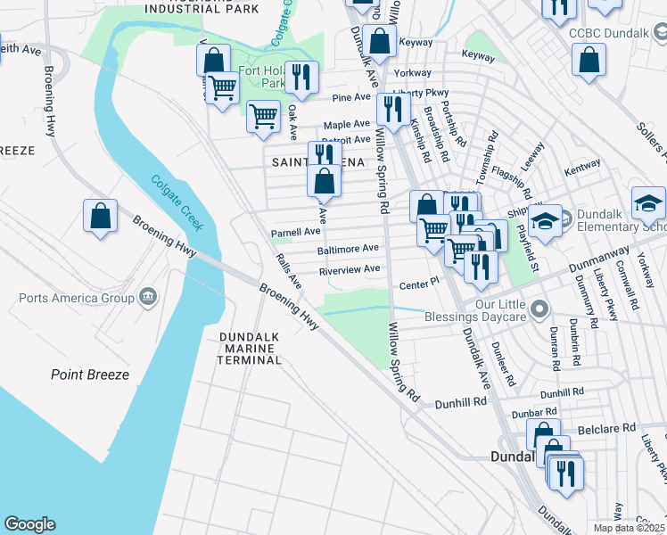 map of restaurants, bars, coffee shops, grocery stores, and more near 260 Riverview Avenue in Dundalk