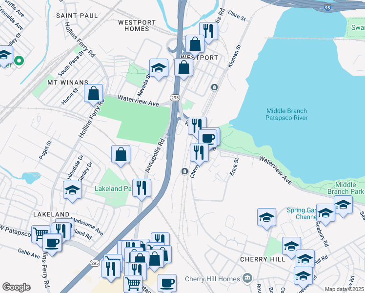 map of restaurants, bars, coffee shops, grocery stores, and more near 2600 Urban Lane in Baltimore