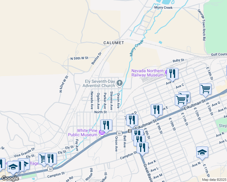 map of restaurants, bars, coffee shops, grocery stores, and more near 586 Stevens Avenue in Ely