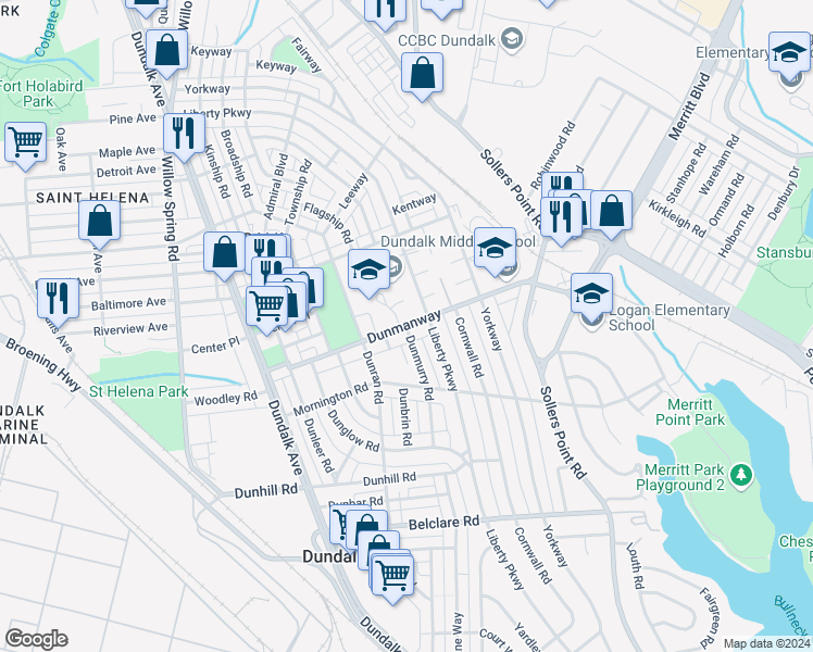 map of restaurants, bars, coffee shops, grocery stores, and more near 7007 Dunmanway in Dundalk