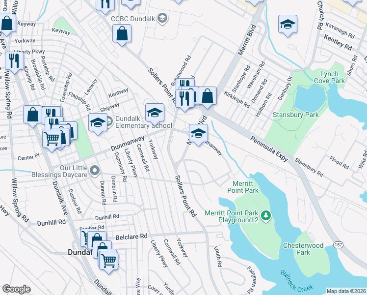 map of restaurants, bars, coffee shops, grocery stores, and more near 2106 Merritt Boulevard in Dundalk